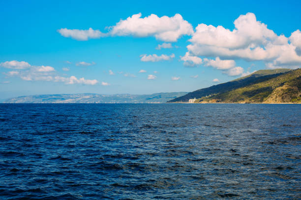 Athos peninsula, Greece.View from a ferry. Orthodox monasteries, mountains stock photo