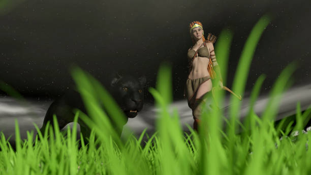 The jungle princess with a panther at night - 3d rendering