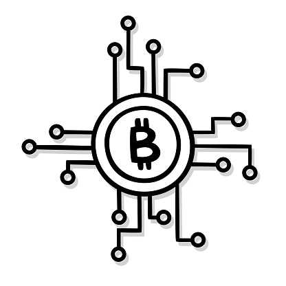 Vector illustration of a hand drawn black and white bitcoin with circuit board against a white background.
