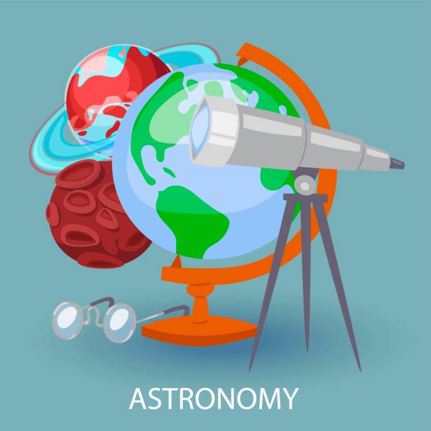 stockillustraties, clipart, cartoons en iconen met educational astronomy banner with earth globe, telescope, google - google
