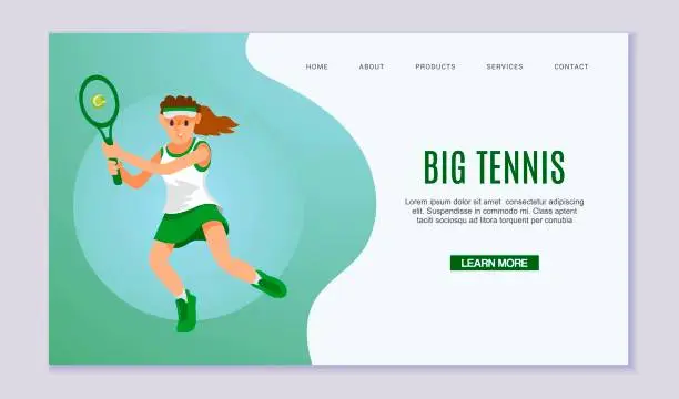 Vector illustration of Young Woman Practicing Tennis Game. Sportswoman Character in Mot