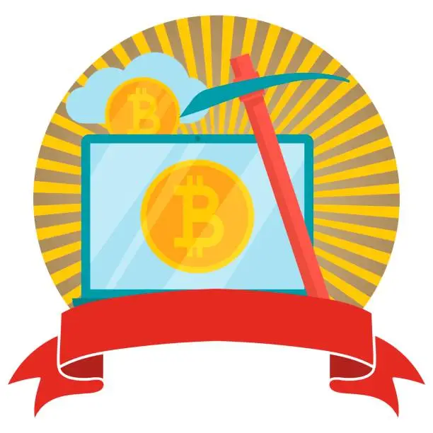 Vector illustration of Bitcoin and cryptocurrency mining circled emblem with banner. Cr