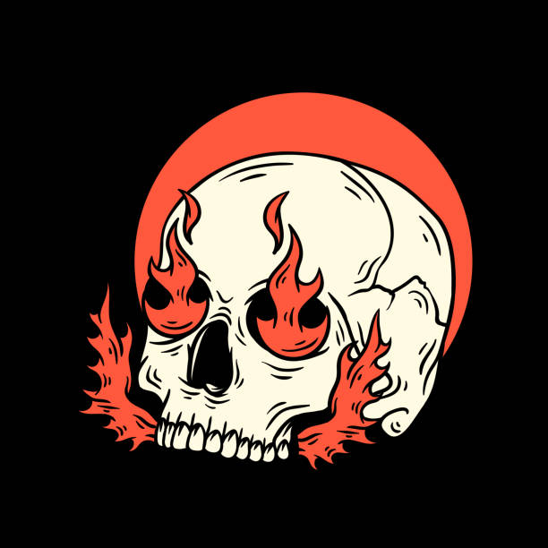 ilustrações, clipart, desenhos animados e ícones de crânio humano com design de camiseta de ilustração de fogo - inferno fire flame skull