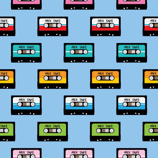 Various Mix Tapes Seamless Pattern Vector seamless pattern of cassette mix tapes on a blue square background. mixtape stock illustrations