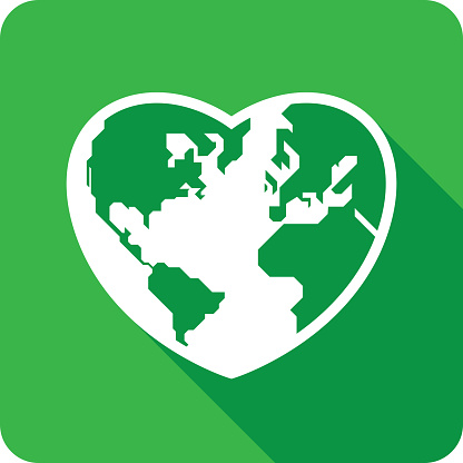 Vector illustration of a green heart shaped planet Earth icon in flat style.