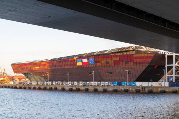 9 April 2022. Szczecin, Poland. The Hull-like steel building of The Marine Science Centre. stock photo