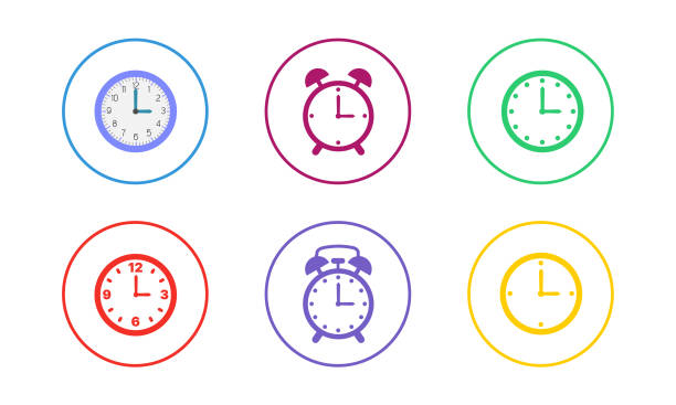 다채로운 시계 아이콘 세트 - white background color image alarm clock deadline stock illustrations
