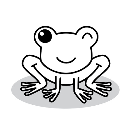 Vector illustration of a hand drawn black and white frog against a white background.