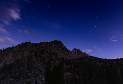 Landscape of the Sierra Nevada Mountains, looking up from above Onion Valley towards Kearsage Pinnacles in the Inyo National Forest. This image is part of a series of views taken at different times of day from the same location; a time lapse is also available.