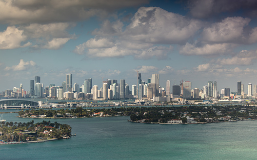 Daytime view of Biscayne Bay from Miami Beach, looking across Star, Palm and Hibiscus Islands towards the skyline of Brickell and Downtown Miami. This image is part of a series of views taken at different times of day from the same location; a time lapse is also available