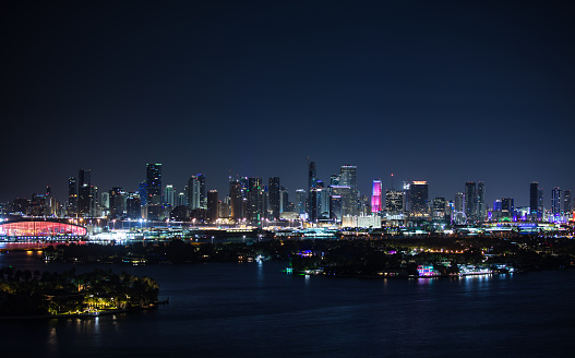 Nighttime view of Biscayne Bay from Miami Beach, looking across Star, Palm and Hibiscus Islands towards the skyline of Brickell and Downtown Miami. This image is part of a series of views taken at different times of day from the same location; a time lapse is also available