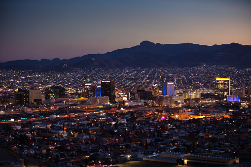 Cityscape looking across El Paso, Texas in the United States and Ciudad Juárez in Chihuahua, Mexico at night. This image is part of a series of views taken at different times of day from the same location; a time lapse is also available.