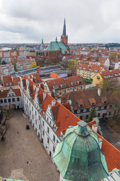04/10/2022. Postcard, high angle view at Szczecin downtown with rooftops and Cathedral Basilica of St. James the Apostle. Poland stock photo