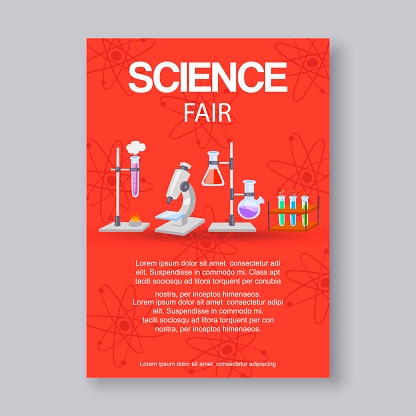 Science fair and innovation expo vector Illustration. Educational or scientific event invitation with microscope, beakers and molecule formula for scientists fair for physics, chemestry or biology.