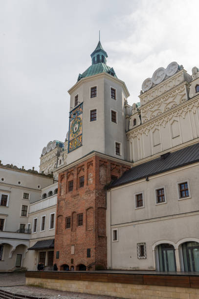 04/10/2022. Low angle view at the courtyard with clock tower of The Ducal Castle in Szczecin, Poland, (Polish: Zamek Książąt Pomorskich) stock photo