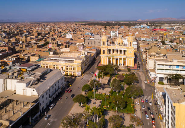 Chiclayo, Peru Chiclayo, Peru: Aerial drone view of the Chiclayo main square and cathedral church cajamarca region stock pictures, royalty-free photos & images