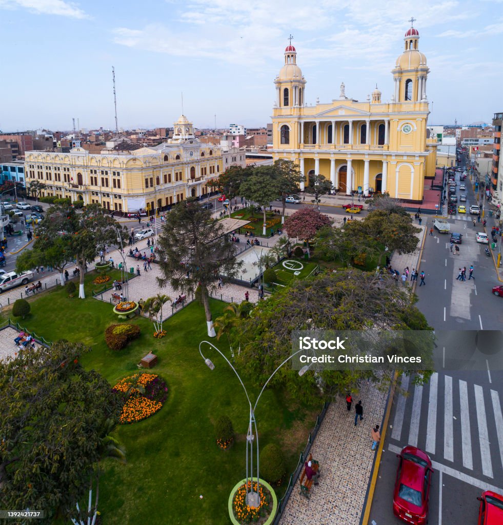 Chiclayo, Peru Chiclayo, Peru: Aerial drone view of the Chiclayo main square and cathedral church Chiclayo Stock Photo