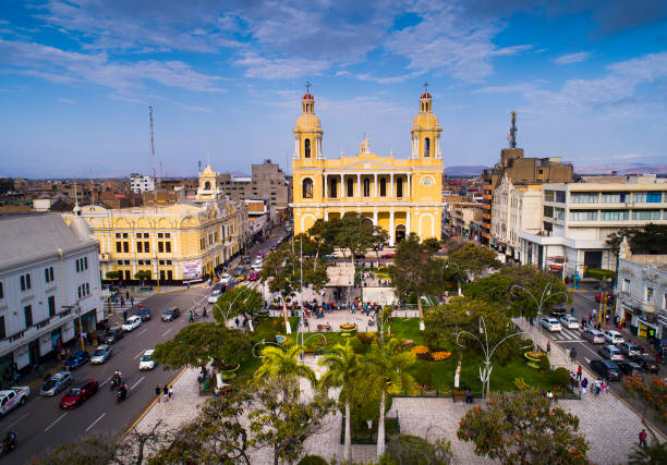 Chiclayo, Peru Chiclayo, Peru: Aerial drone view of the Chiclayo main square and cathedral church trujillo peru stock pictures, royalty-free photos & images