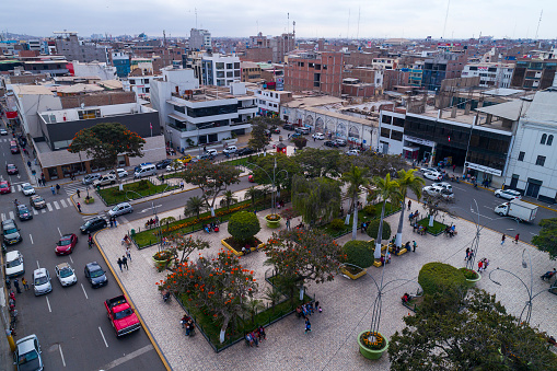 Chiclayo, Peru - Circa 2019_ Aerial drone view of the main square of Chiclayo city, in Lambayeque, Peru.