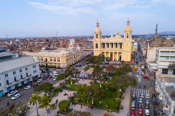 Chiclayo, Peru Chiclayo, Peru: Aerial drone view of the Chiclayo main square and cathedral church trujillo peru stock pictures, royalty-free photos & images