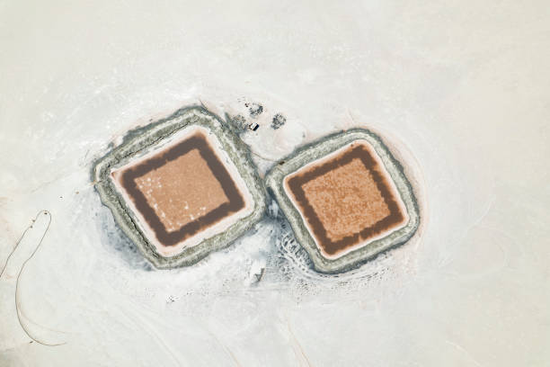 two salt pools on a salt lake stock photo