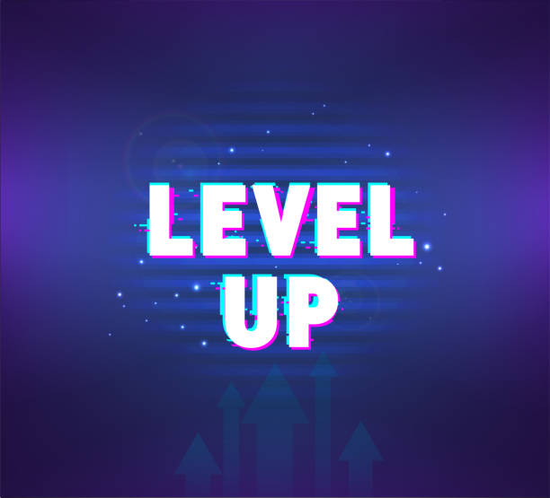 Pop-up window with congratulations on level up Pop-up window with congratulations on level up. Game screen interface for App and Mobile Phone games. GUI, UI, UX screen. Level up illustration with glitch and glow effect. Pop-up new lvl . Vector technology backgrounds video stock illustrations