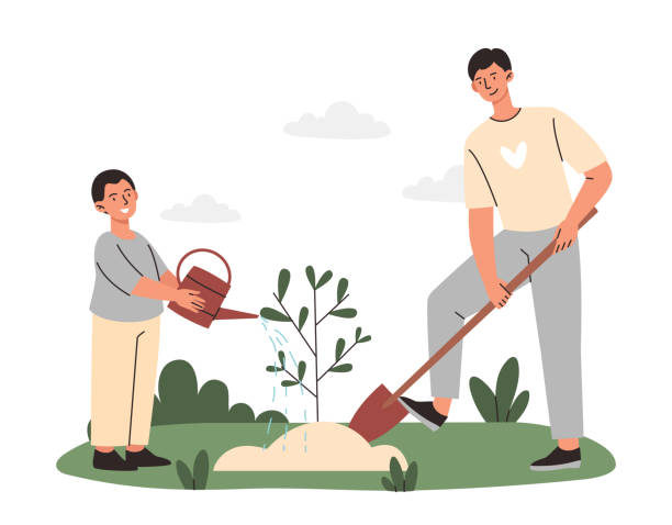 Father and son planting tree concept Father and son planting tree concept. Parent and child take care of nature or environment and water plants. Conservation of planet biological diversity. Cartoon modern flat vector illustration farmer son stock illustrations