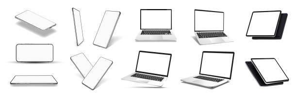 3D realistic gadgets in perspective, frontal, isometric view Mockup gadgets - smartphone, laptop, tablet with blank screen. 3D realistic gadgets in perspective, frontal, isometric view. Vector collection gadgets and devices. Mockup 3D cell phone, laptop, tablet laptop side icon stock illustrations