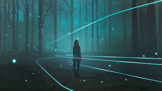 Woman standing in forest with mysterious lights. This is entirely 3D generated image.