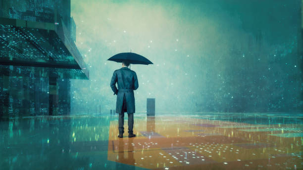 istock Lost businessman in VR city 1392425362