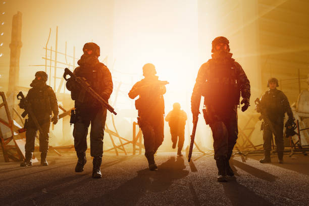 Soldiers walking in destroyed city