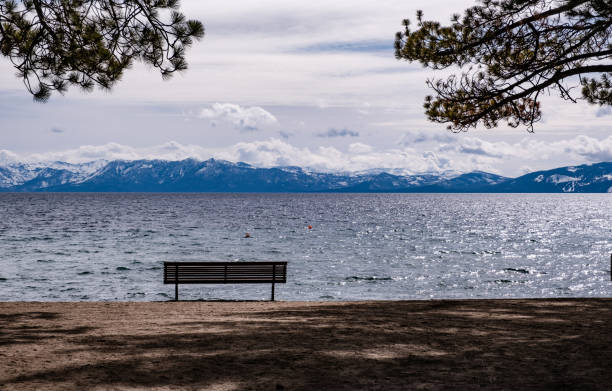 Park bench overlooking Incline Beach at Lake Tahoe.