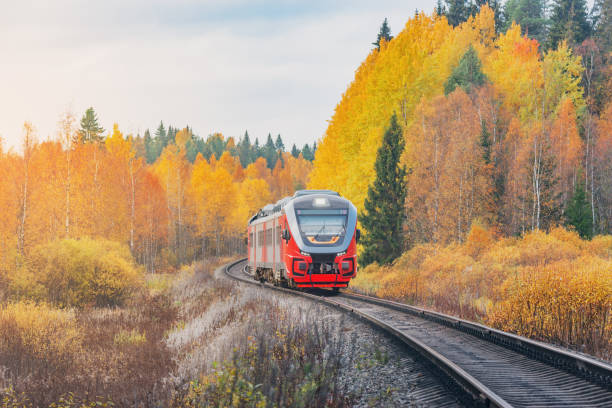 istock Passenger train moves at autumn sunrise. 1392426424
