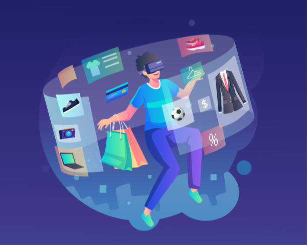 stockillustraties, clipart, cartoons en iconen met virtual shopping illustration concept. a young man wearing a vr headset is doing a shopping experience in the metaverse. flat vector illustration - metaverse