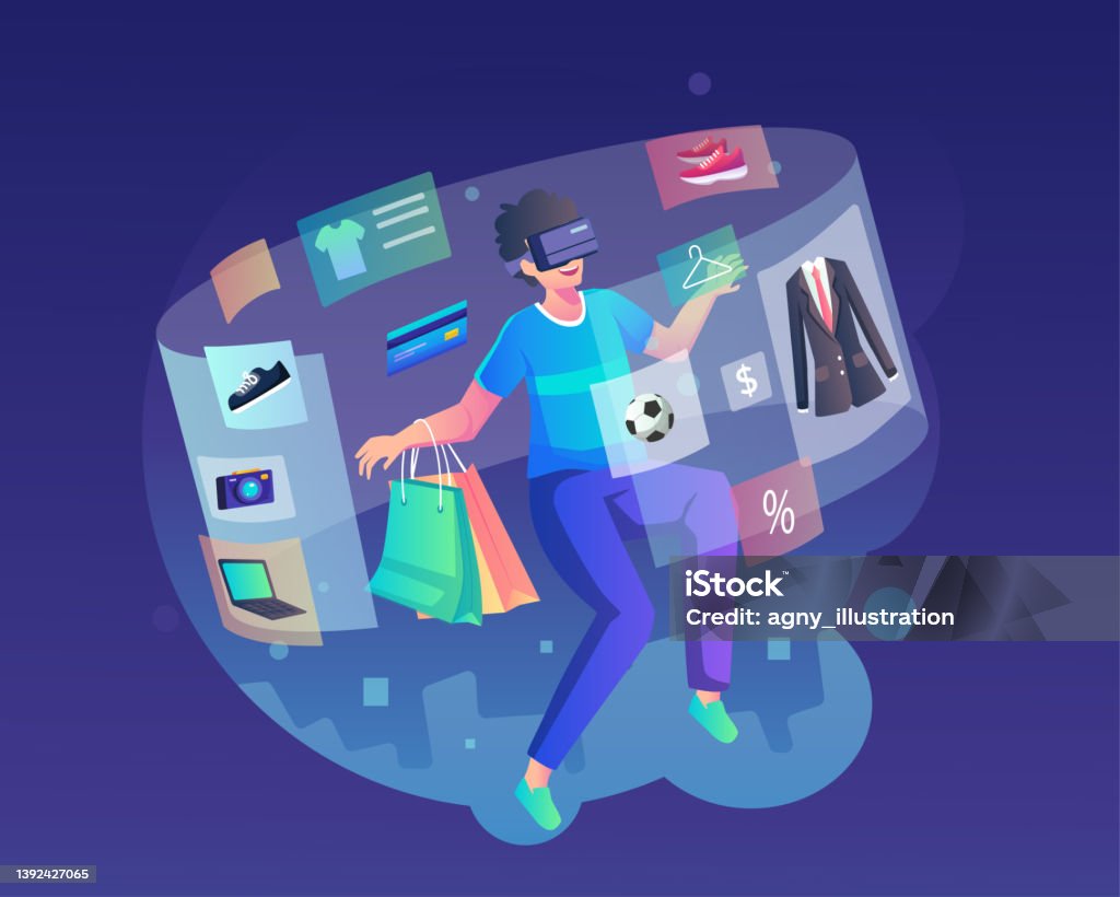 Virtual Shopping Illustration Concept. A young man wearing a VR headset is doing a shopping experience in the metaverse. Flat vector illustration Metaverse stock vector