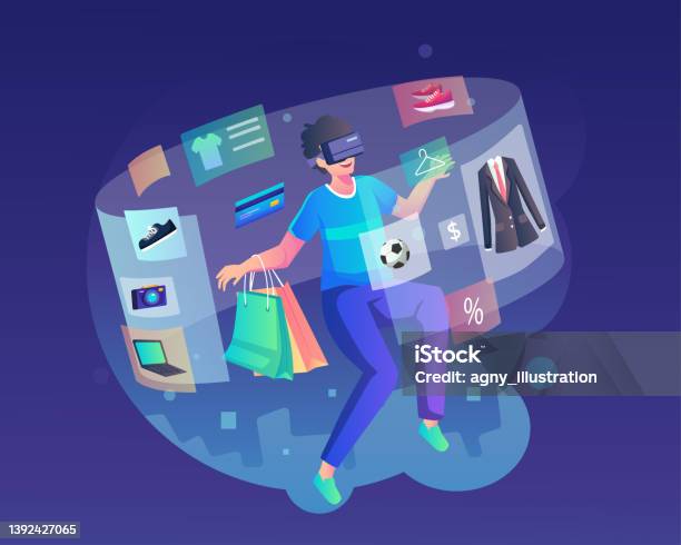 Virtual Shopping Illustration Concept A Young Man Wearing A Vr Headset Is Doing A Shopping Experience In The Metaverse Flat Vector Illustration Stock Illustration - Download Image Now