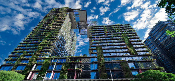 apartment block in sydney nsw australia with hanging gardens and plants on exterior of the building at sunset with lovely colourful clouds in the sky - green building imagens e fotografias de stock