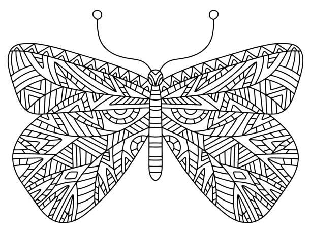 ilustraciones, imágenes clip art, dibujos animados e iconos de stock de geometría decorativa dibujada a mano mariposa colorear página ilustración vectorial - worksheet