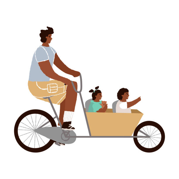 bildbanksillustrationer, clip art samt tecknat material och ikoner med man rides a cargo cycle or bakfiets bike, his children in the cart. traditional transport in netherlands for outdoor family pastime, or riding with pets or heavy shopping bags. vector illustration. - parents children cargo bike