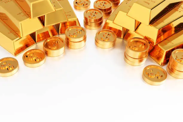 Stack of gold coin and gold bars or gold ingot, banking and financial concept, 3d render