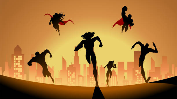 Vector Team of Superheroes Running in City Skyline Background Stock Illustration A silhouette style vector illustration of a team of superheroes running toward the camera with city skyline in the background. Easy to edit. Spaces available for your copy. scenery video stock illustrations