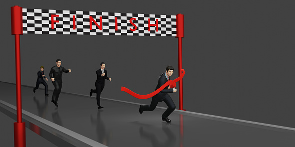 race businessman running to the finish line businessman victory first prize achievement 3d illustration