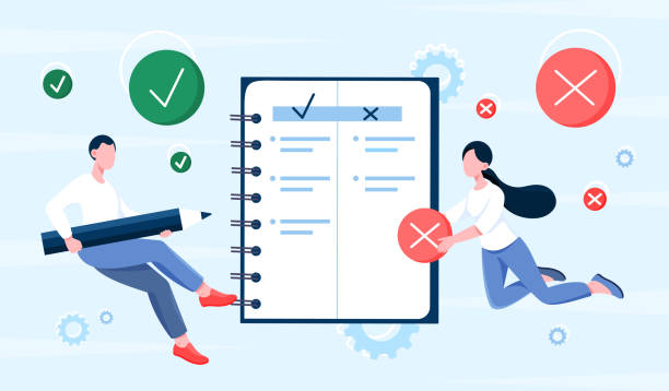 Pros and cons comparison concept Pros and cons comparison concept. Young male and female entrepreneurs assess risks and benefits. Pros and cons for feedback and development strategy selection. Cartoon flat vector illustration pros and cons stock illustrations