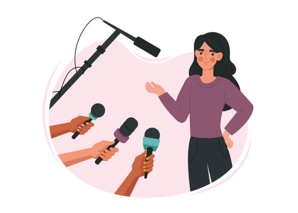 Concept of interview Concept of interview. Girl in front of microphones, popular person. Mass media, news and information. Reports and live nswers on questions. Celebrity public speaking. Cartoon flat vector illustration interview stock illustrations