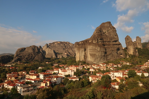 Beautiful view over Kastraki with the typical rock formations in the background, Meteora Monasteries, Greece 2021