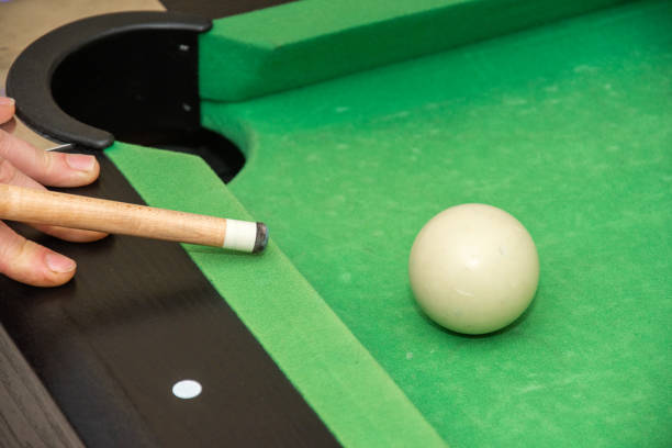 istock Hand with cue aiming on billiard ball at table 1392441445