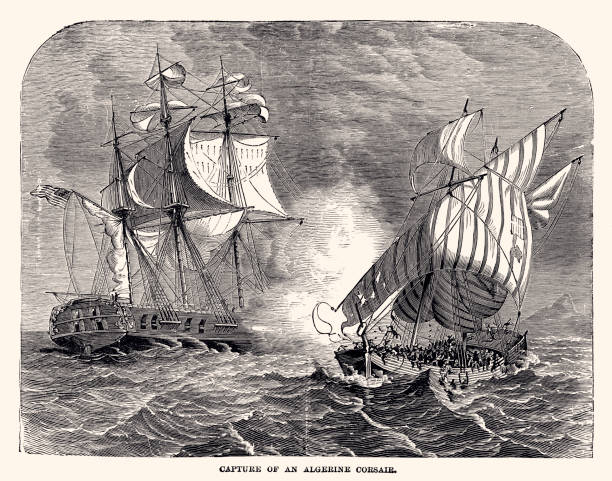 ilustrações de stock, clip art, desenhos animados e ícones de capture of an algerine corsair (xxxl with lots of details) - sea battle