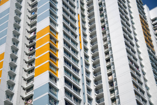 Singapore- Mar 13, 2022: Facade of Housing Development Board (HDB) apartment units in Singapore. About 80 per cent of residents in Singapore call public housing or HDB flats home