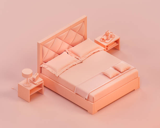 istock Isometric monochrome bedroom with a double bed, with side tables single color interior 3d rendering 1392444447