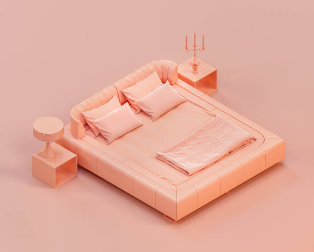 istock Isometric monochrome bedroom with a double bed, with side tables single color interior 3d rendering 1392444502